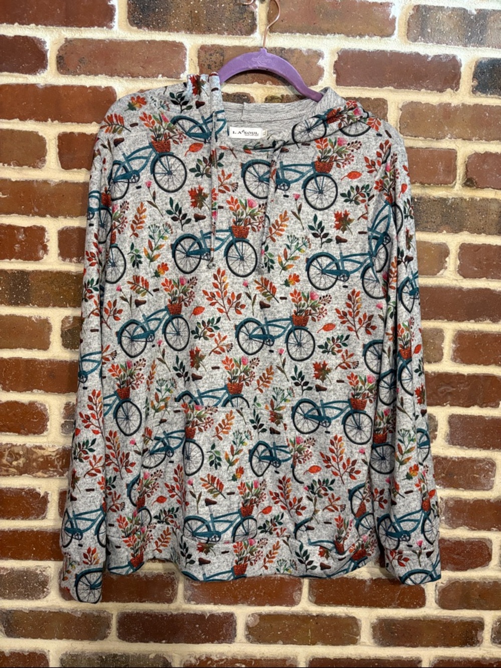L.A. Soul Cozy Bicycle Print Hoodie in Heather Gray with Teal Bikes XL